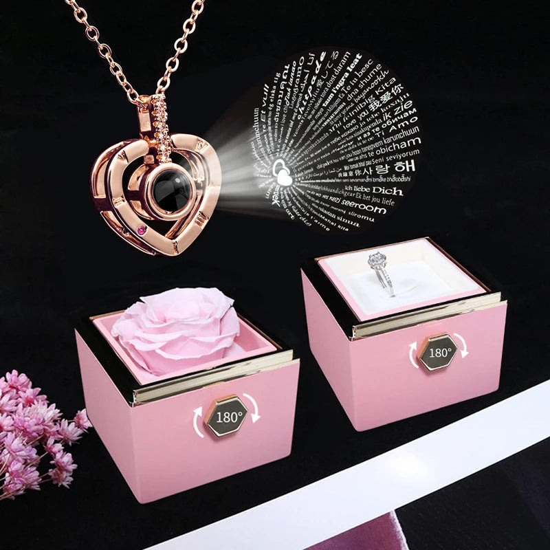 I Love You" in 100 languages projection necklace with rotating rose gift box