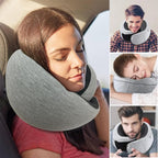 A collage showing a gray U-shaped travel neck pillow being worn by multiple people in different settings, including a woman resting in a car and men sleeping or using a phone. The main large photo shows a woman in a car with the pillow around her neck, and three smaller photos on the right show additional usage scenarios.
