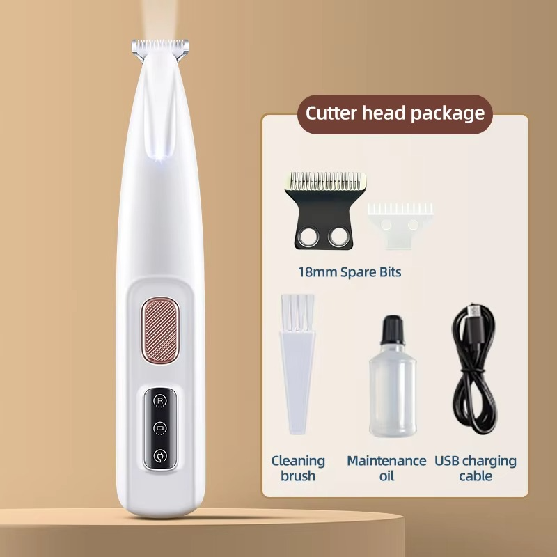 A white handheld LED pet groomer with buttons on the front, alongside accessories such as a small bottle and a USB cable, with dogs in the background indicating use for pets.