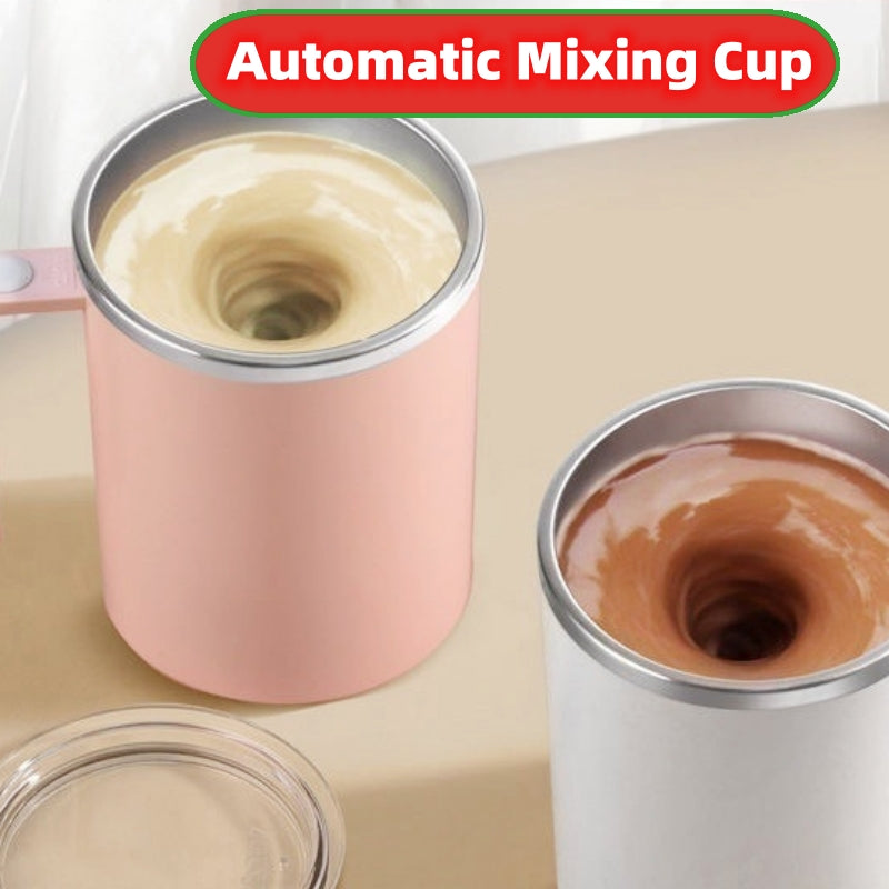 Automatic mixing coffee cup with pink and white containers on a beige surface.