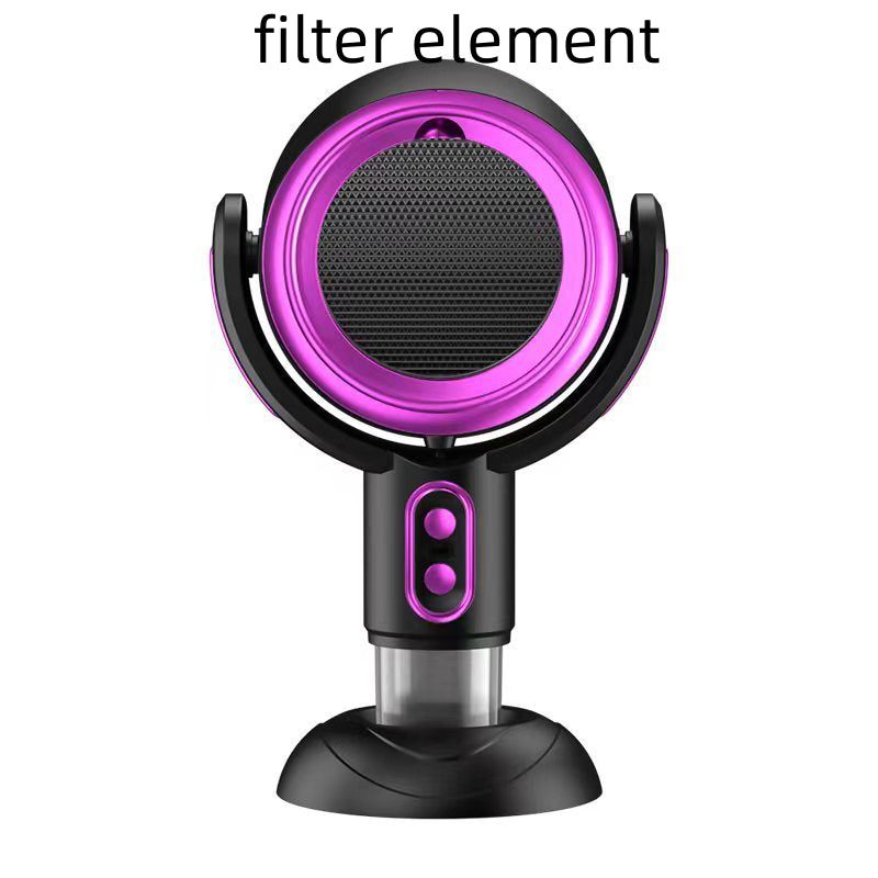 Black and purple microphone with a filter element on a white background
