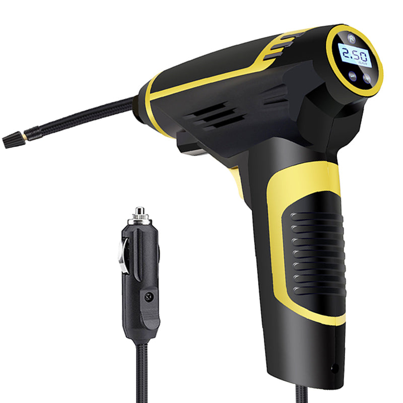 Black and yellow air compressor with digital display on a white background