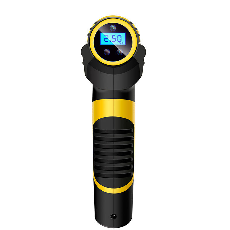 Black and yellow digital tire pressure gauge on a white background