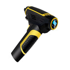 Black and yellow tire inflator with digital display on a white background