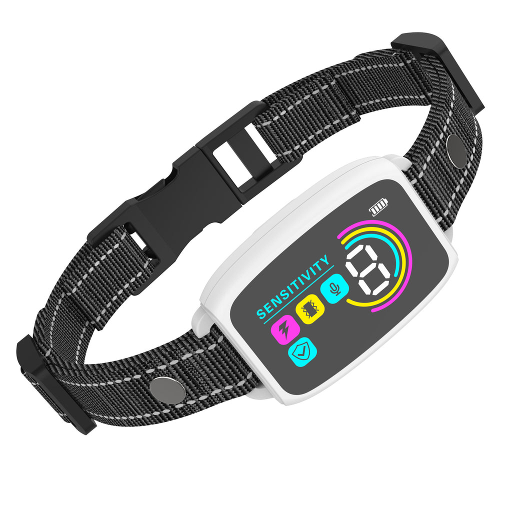 Black dog collar with a digital display on a white background