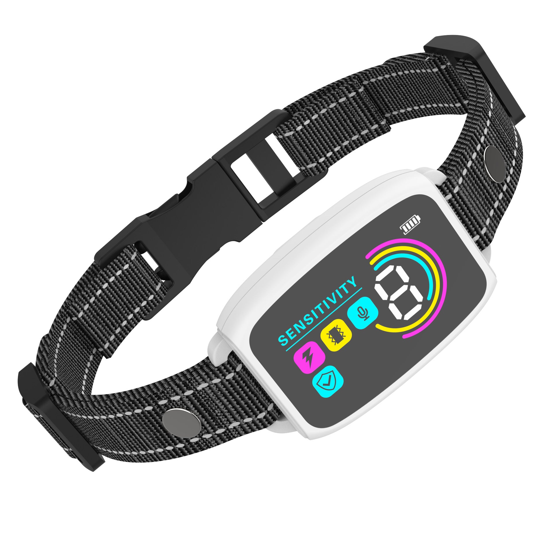 Black dog collar with a digital display on a white background