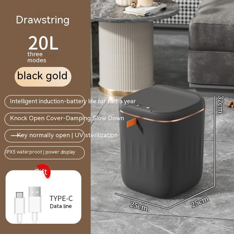 Black gold trash bin with features listed on a brown background
