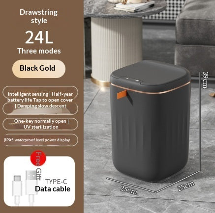 Black trash bin with features listed on a brown background
