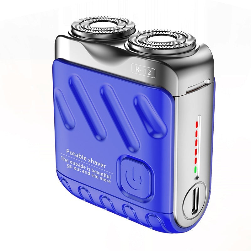 Blue and silver portable shaver on a white background