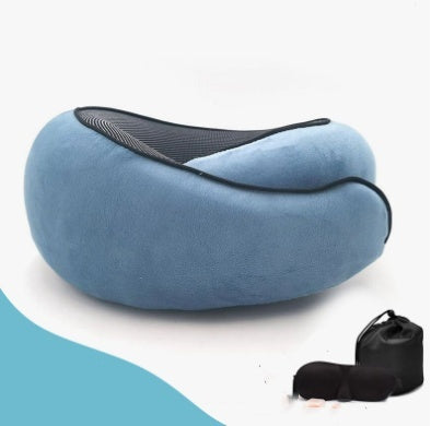 Blue travel pillow with a black carrying case on a white background