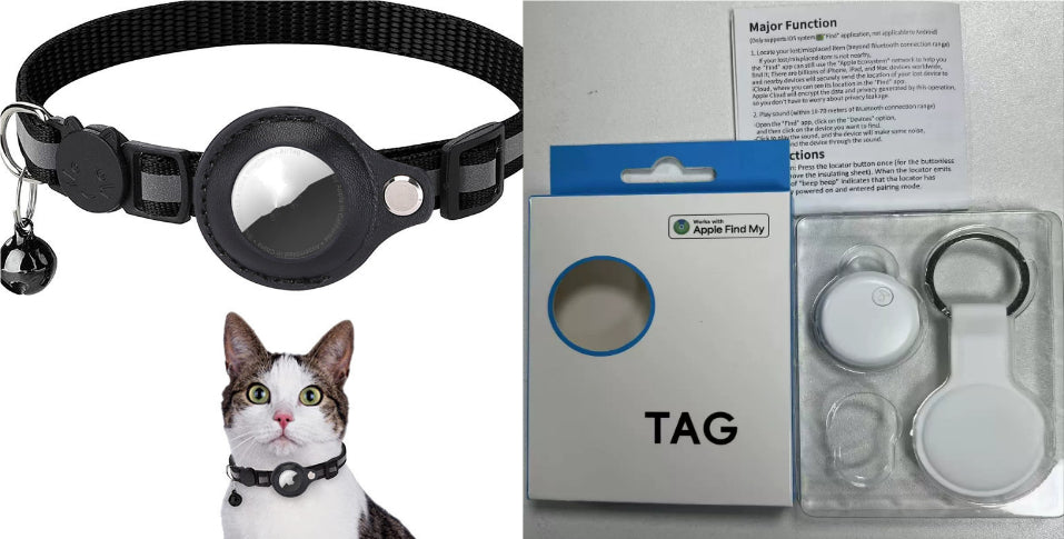 Cat wearing a black collar with a reflective tag, next to its packaging on a white background.