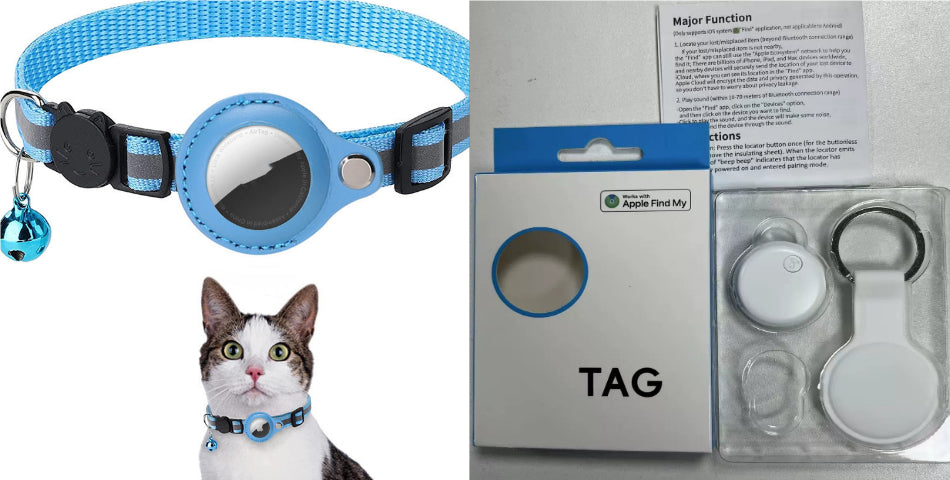 Cat wearing a blue collar with a tag, next to the tag packaging on a white background