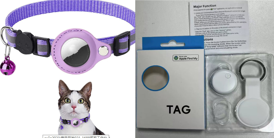 Cat wearing a purple collar with a reflective tag, next to its packaging