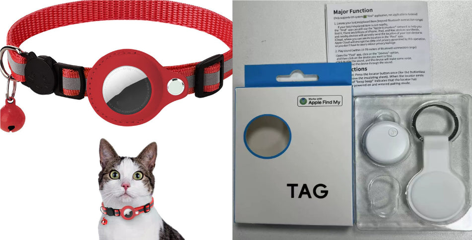 Cat wearing a red collar with a tag, next to the tag and its packaging on a white background.
