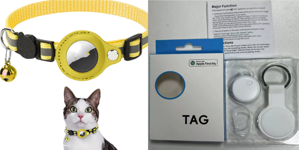 Cat wearing a yellow and black collar with a 'TAG' device, next to its packaging.