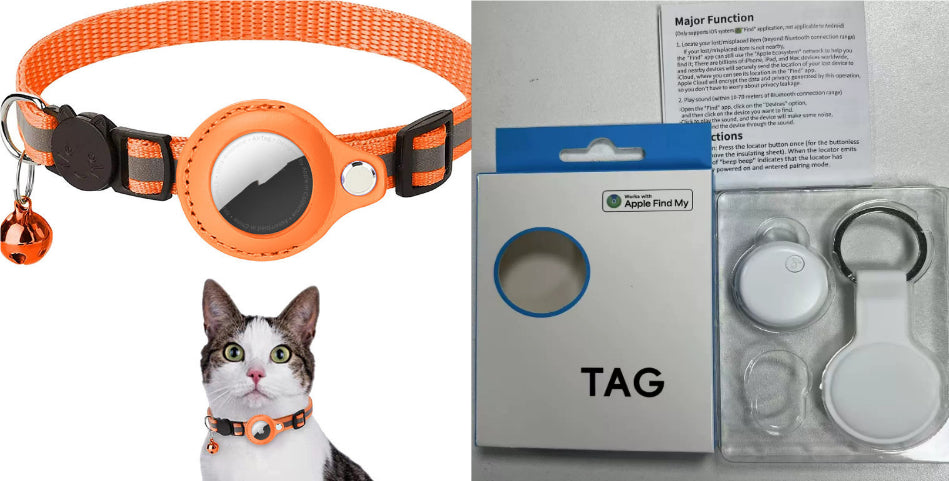 Cat wearing an orange pet collar with a reflective tag, next to its packaging.