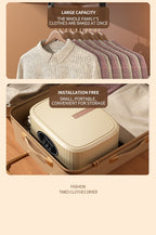Clothes dryer with text highlighting capacity and convenience, shown with clothes on hangers.