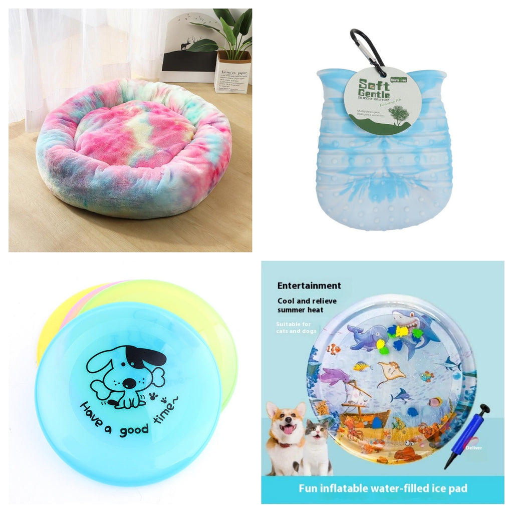 Collage of pet products including a tie-dye pet bed, water-filled ice pad, and frisbee with a dog design.