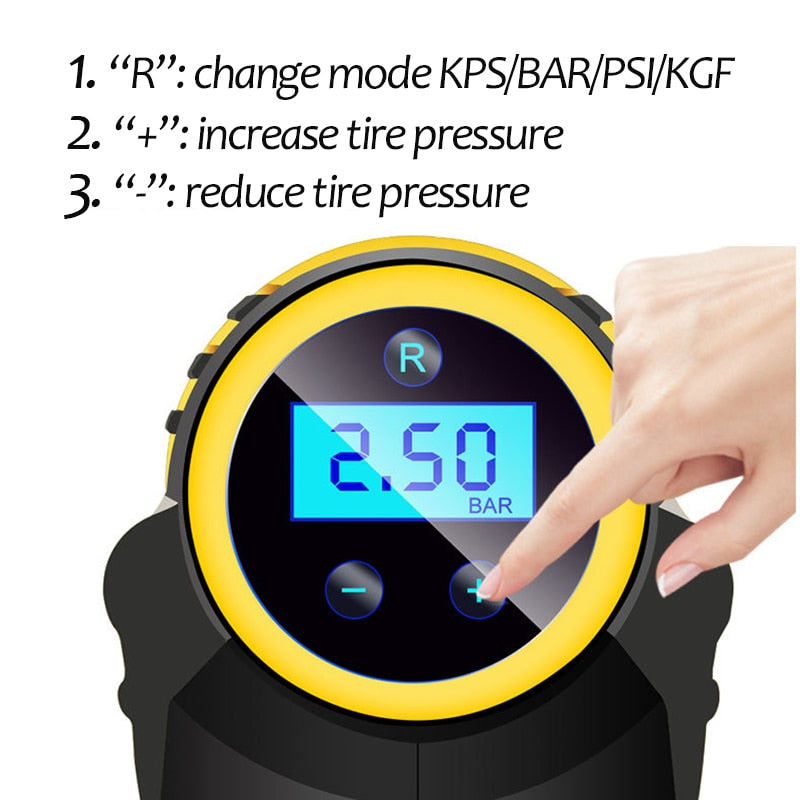 Digital tire pressure gauge with a hand adjusting settings on a white background