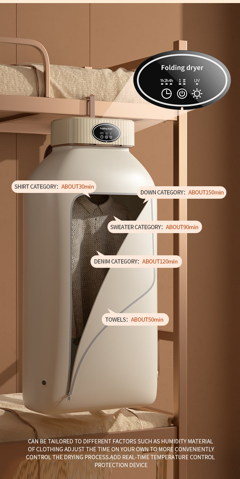 Folding dryer with features highlighted on a brown background