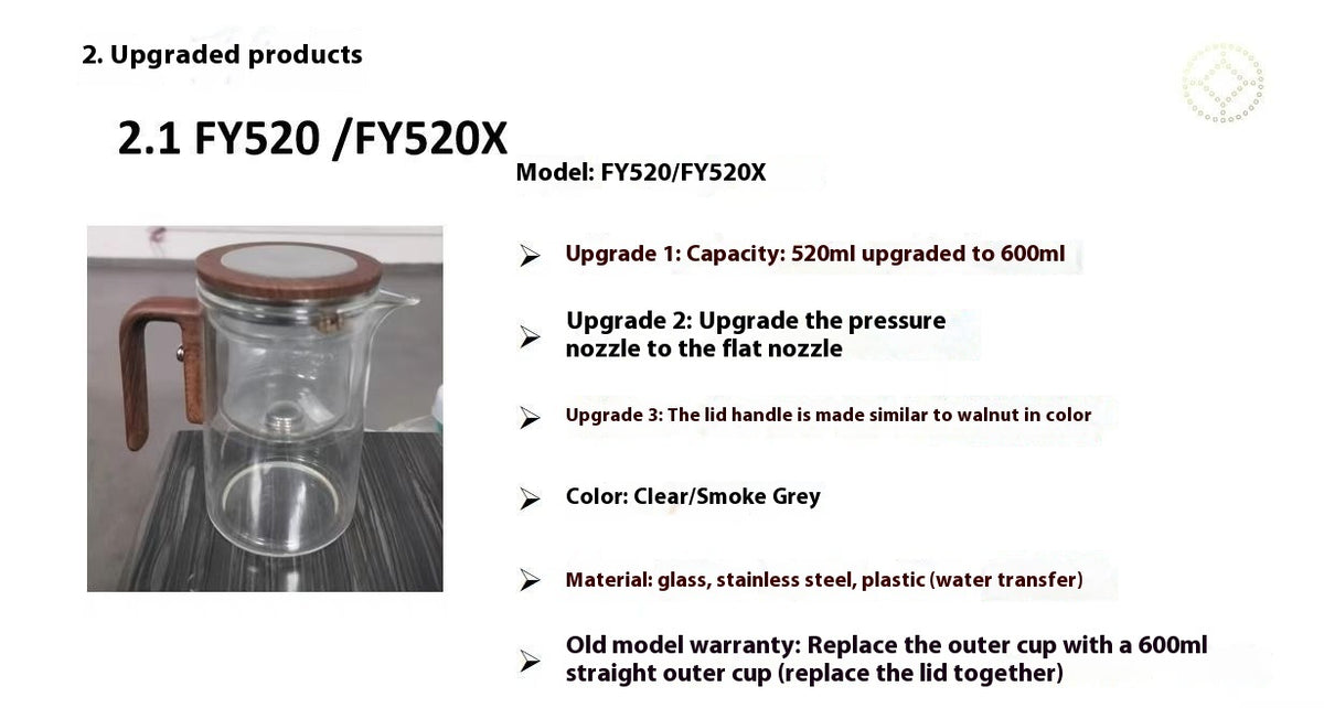 Glass coffee maker with wooden lid on a black surface, accompanied by text detailing product upgrades and specifications.