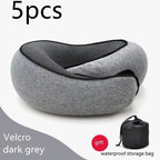 Gray neck pillow with black mesh and a waterproof storage bag on a white background