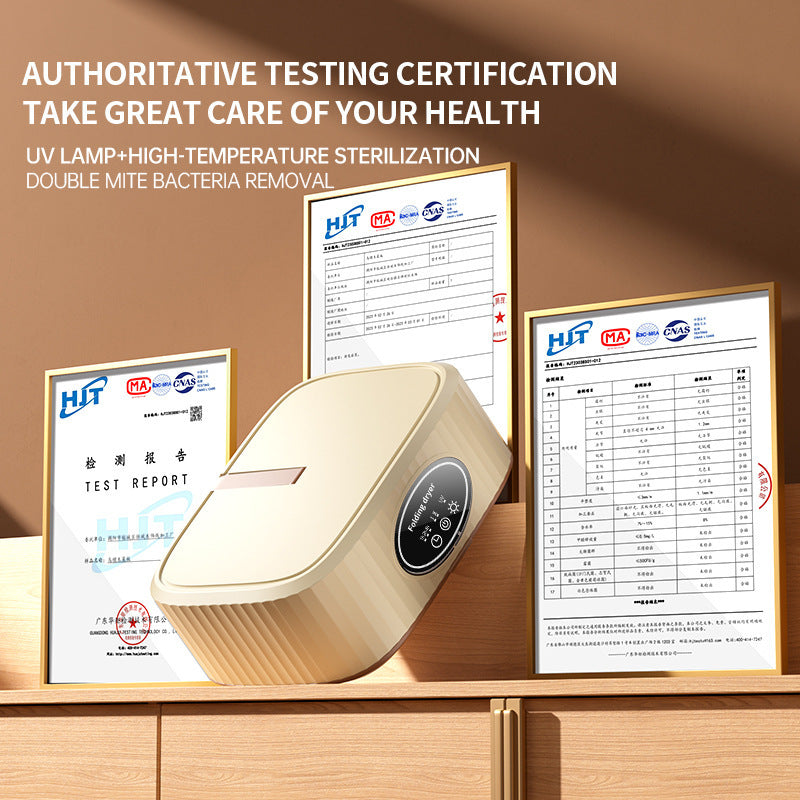 Health device with certification documents on a wooden surface