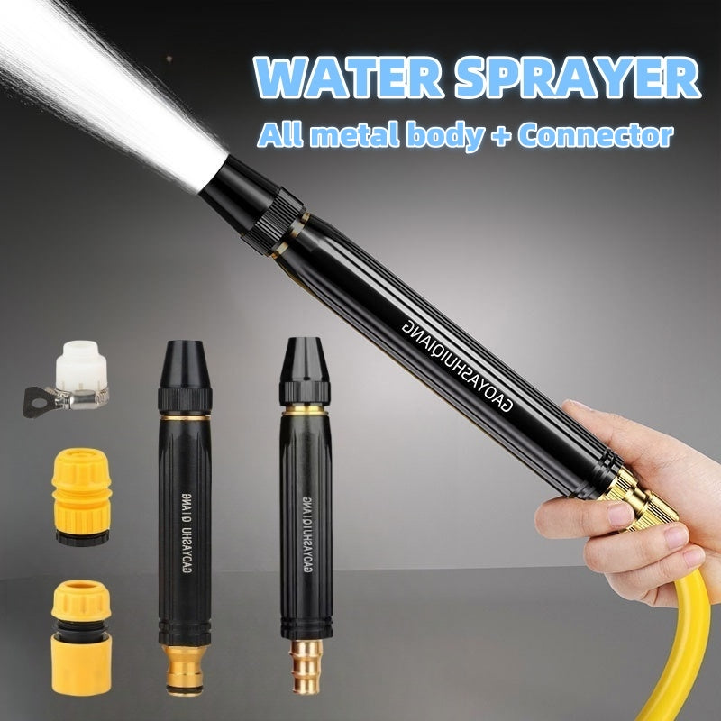 A handheld metal water sprayer hose attachment shown with a white spray stream, plus three interchangeable nozzles and a small white cap on a dark gradient background. Large text reads 'WATER SPRAYER' and 'All metal body + Connector'.
