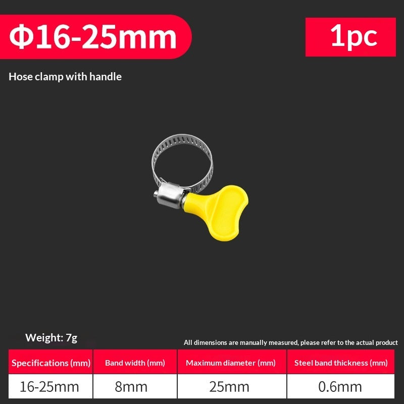Hose clamp with handle on a black background with specifications displayed.