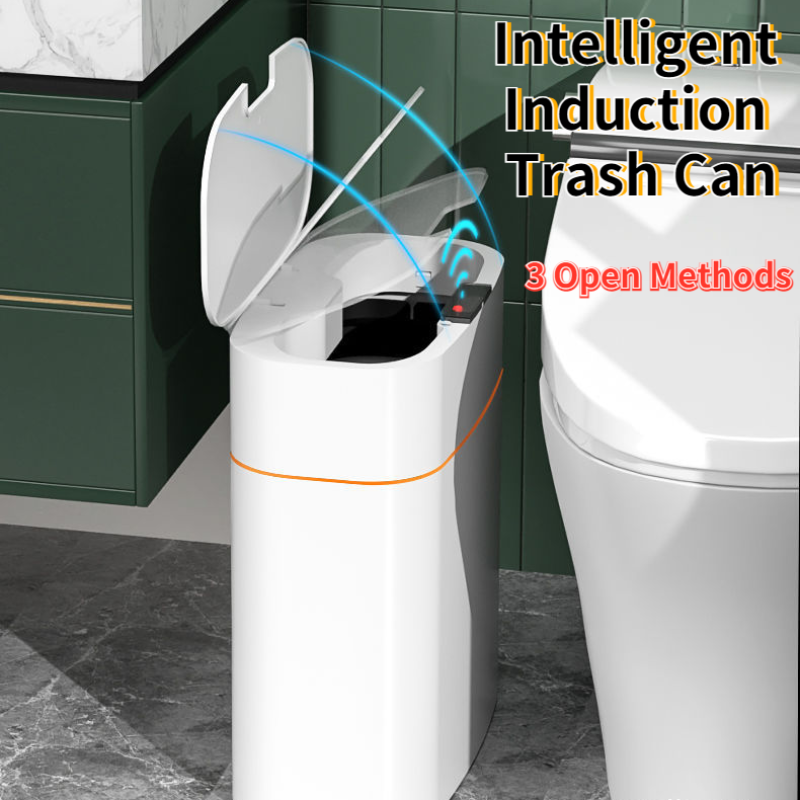 Intelligent induction trash can with text on a bathroom background