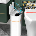 Intelligent induction trash can with text on a bathroom background