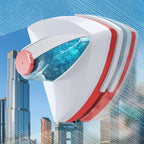 Magnetic Glass Window Cleaner with red accents against a city skyline
