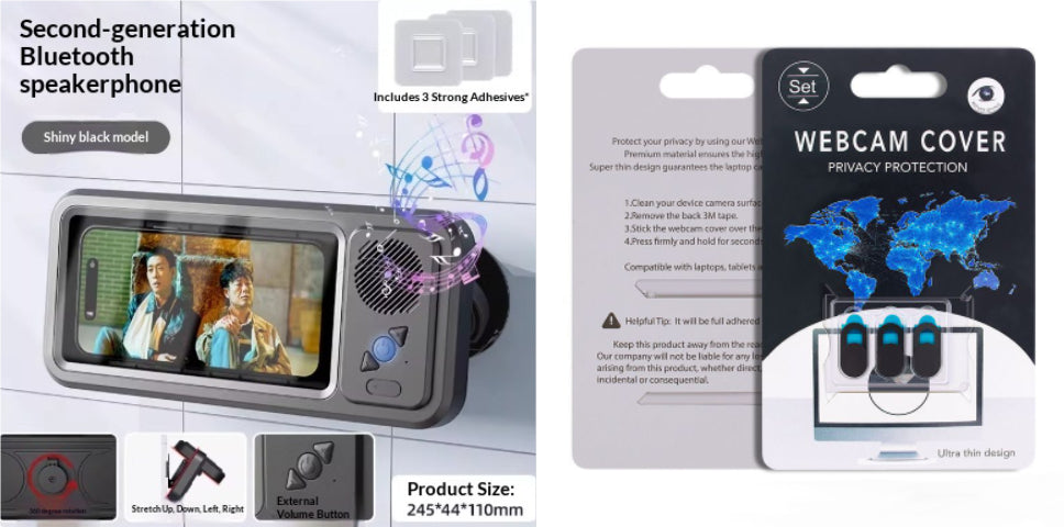 Packaging of a second-generation Bluetooth speakerphone and a webcam cover with privacy protection.