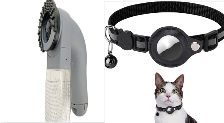 Pet grooming tool and collar with a cat wearing the collar on a white background