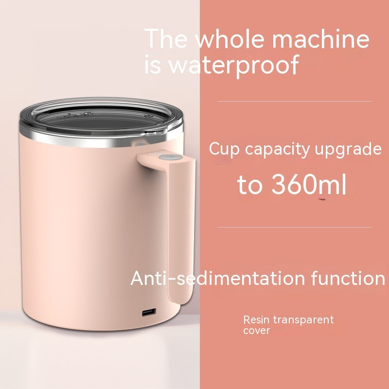 Pink insulated mug with text highlighting waterproof feature, capacity upgrade to 360ml, and anti-sedimentation function.