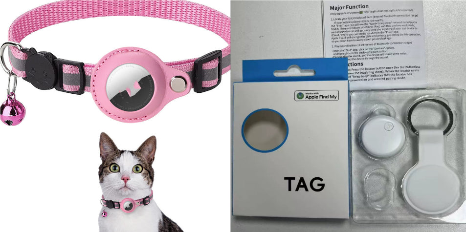 Pink pet collar with a bell and reflective tag, next to packaging labeled 'TAG'.