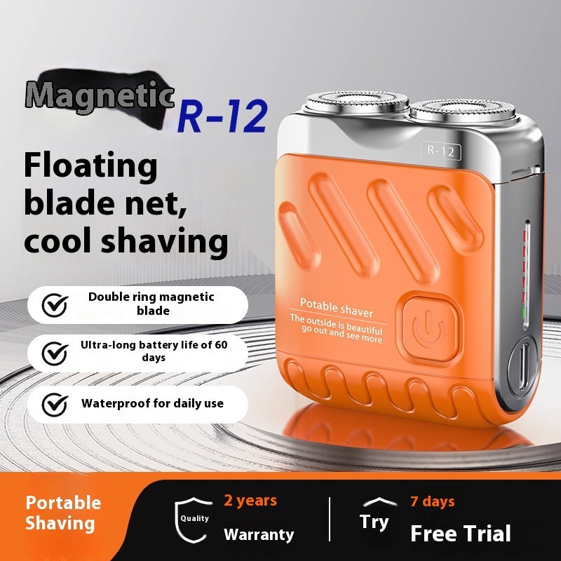 Portable shaver with orange and silver design on a gray background
