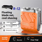 Portable shaver with orange and silver design on a gray background