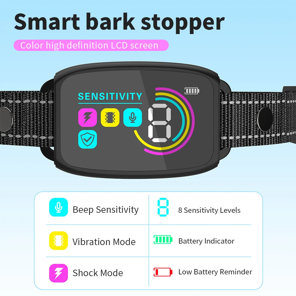 Smart bark stopper with digital display on a light blue background