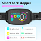 Smart bark stopper with digital display on a light blue background