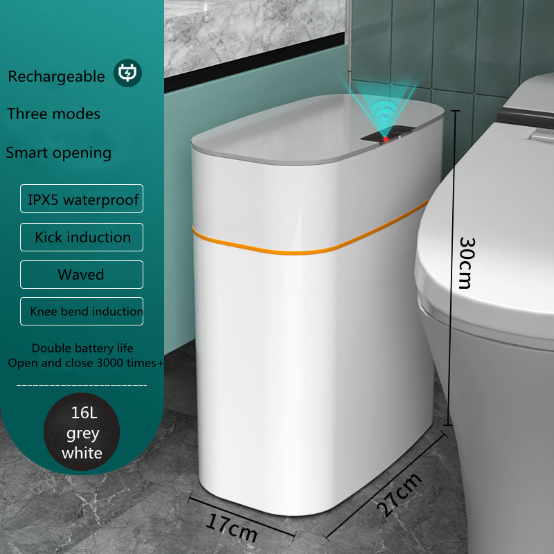 Smart toilet seat with features listed on a green panel in a bathroom setting