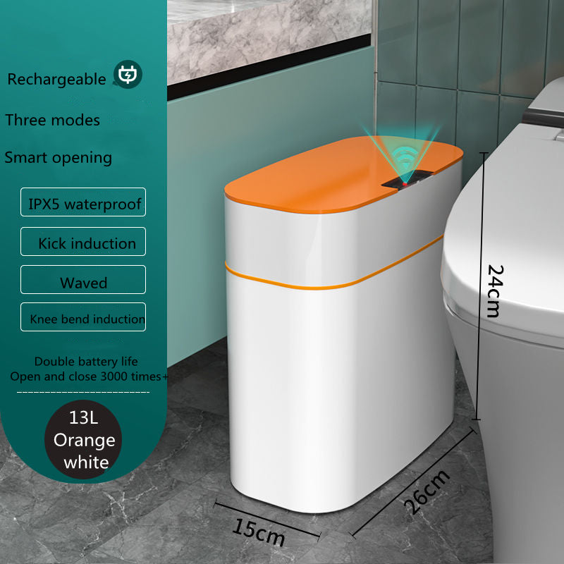 Smart trash can with orange top and white body in a bathroom setting, featuring dimensions and features.