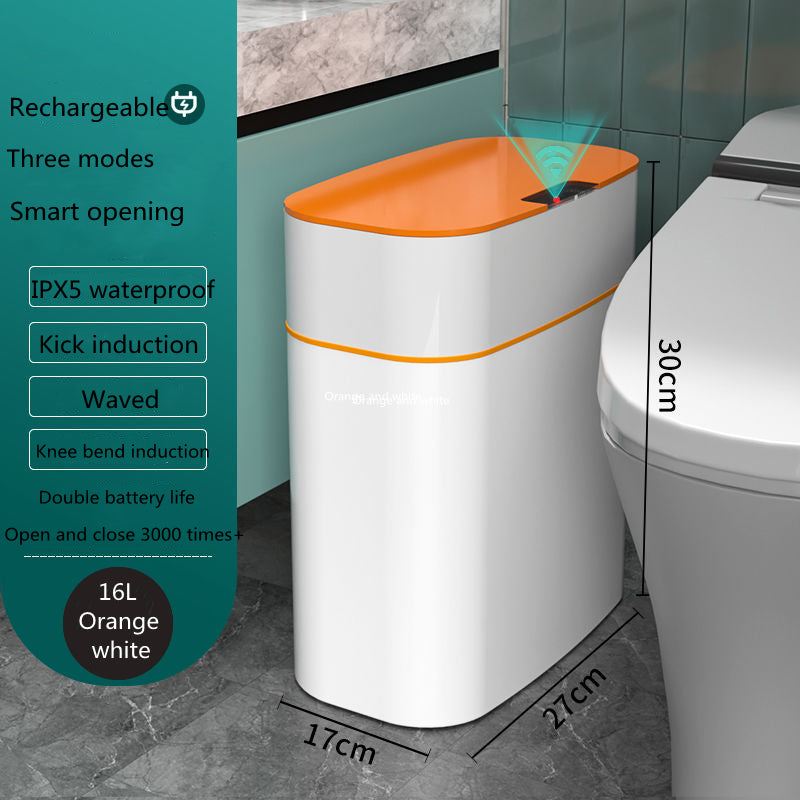 Smart trash can with orange top and white body next to a toilet, with features listed on the left.