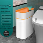 Smart trash can with orange top and white body next to a toilet, with features listed on the left.