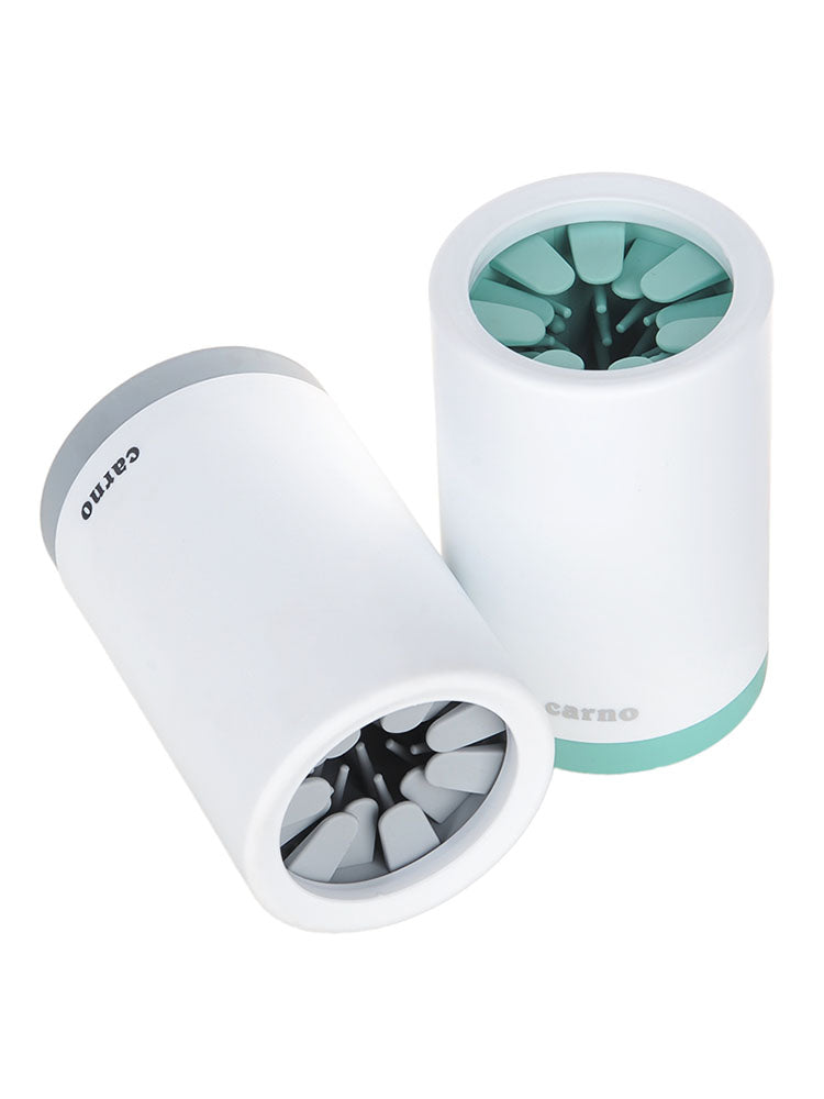 Two cylindrical containers with black and white objects inside on a white background