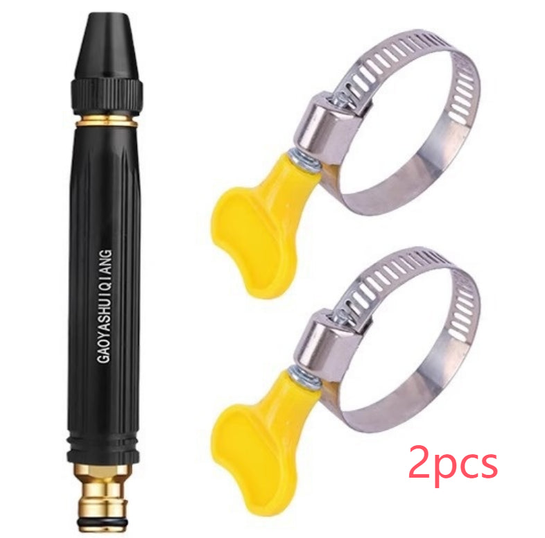 Two high-pressure washer nozzles with black, yellow, and silver design on a white background.