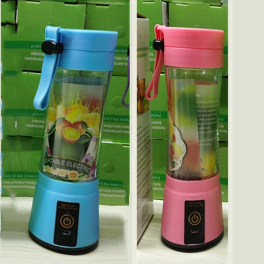 Two portable electric blenders, one blue and one pink, with colorful fruit images on a white background.