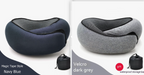 Two travel neck pillows shown side by side on a white background: a navy blue one labeled 'Magic Tape Style Navy Blue' and a dark gray one labeled 'Velcro dark grey', each with a small black storage pouch. A red 'gift' badge appears on the right panel.