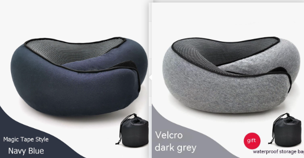 Two travel neck pillows shown side by side on a white background: a navy blue one labeled 'Magic Tape Style Navy Blue' and a dark gray one labeled 'Velcro dark grey', each with a small black storage pouch. A red 'gift' badge appears on the right panel.