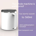 White machine with text highlighting features on a light purple background